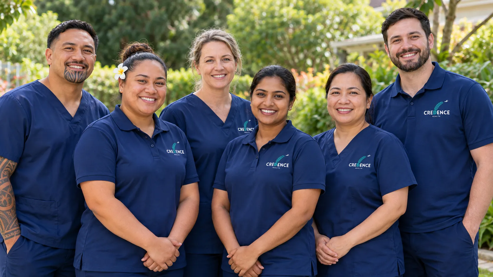 Six nurses and carers in navy Credence Health uniforms standing together outdoors, smiling
