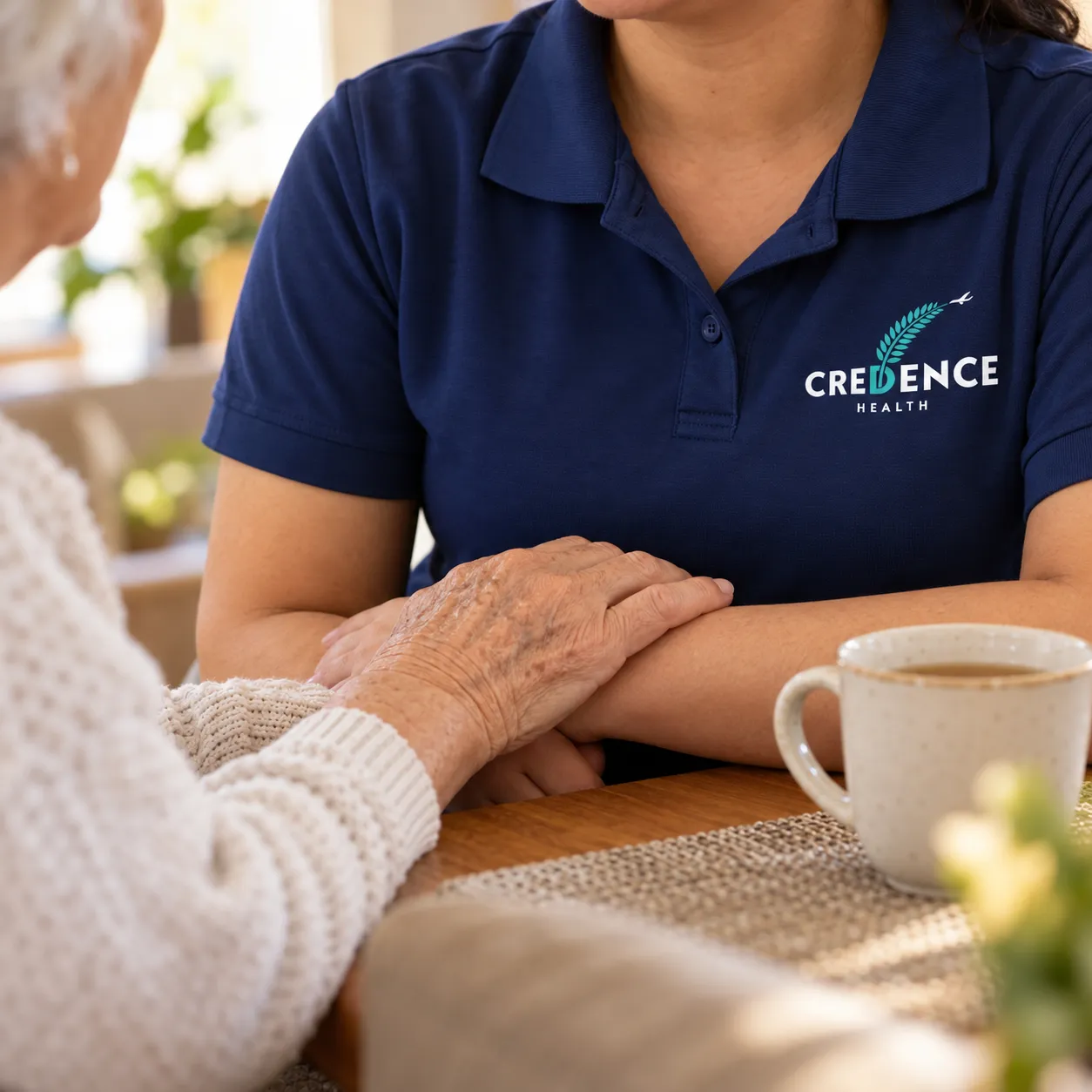 An older woman rests her hand on the arm of a Credence Health carer beside a cup of tea