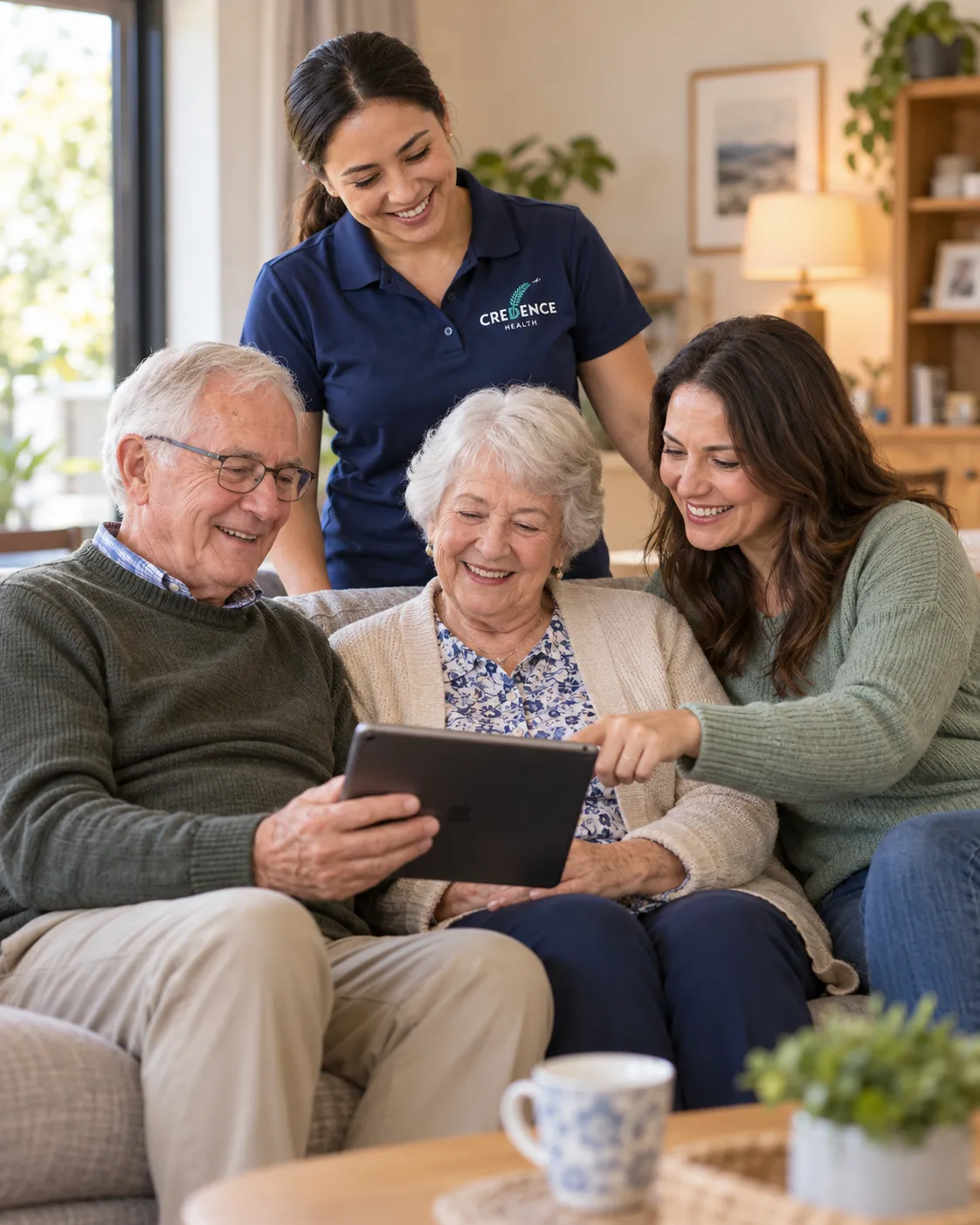 An older couple and their daughter look at a tablet while a Credence Health care worker stands behind them