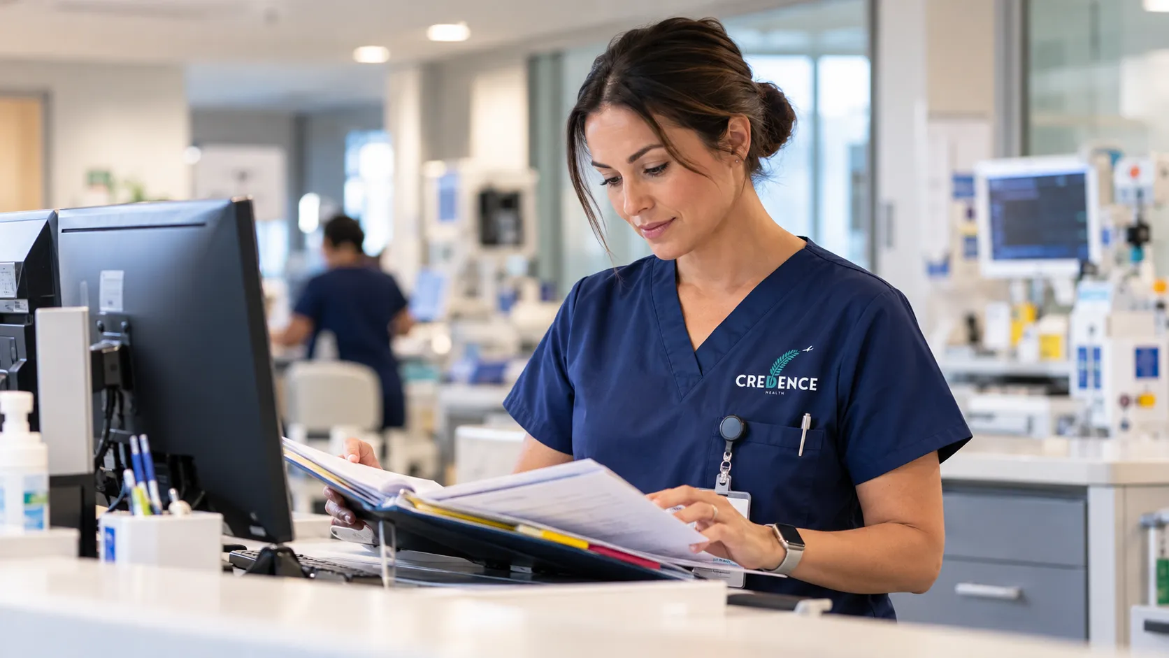 A nurse in navy scrubs reviewing a patient chart at a nurses station