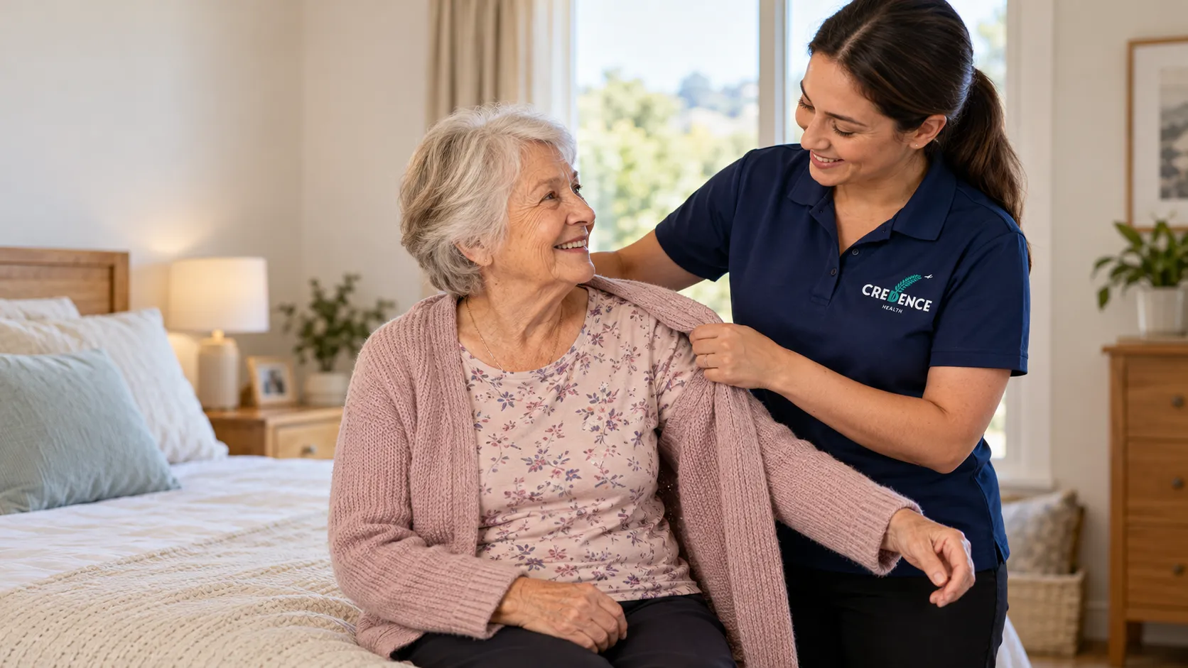A home care worker helping an older woman put on her cardigan in her bedroom